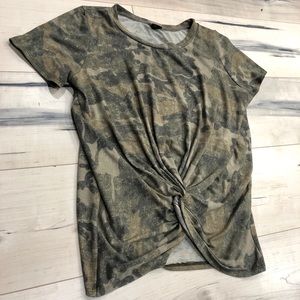 Distressed camo front knot shirt. Size medium.